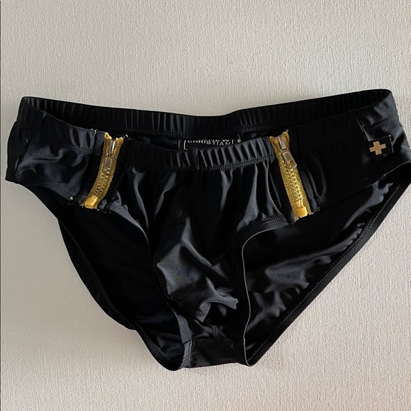Andrew Christian Black Swim Briefs with Gold zippers - Picture 1 of 6